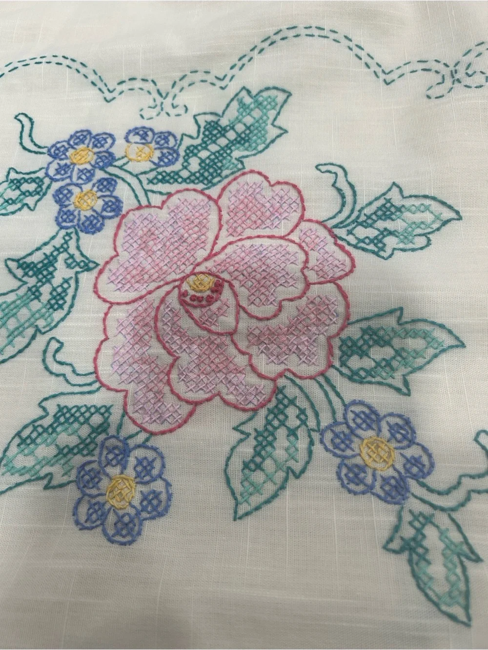 Vintage Style Floral Embroidered Tablecloth Rectangle 78x58” Cottagecore